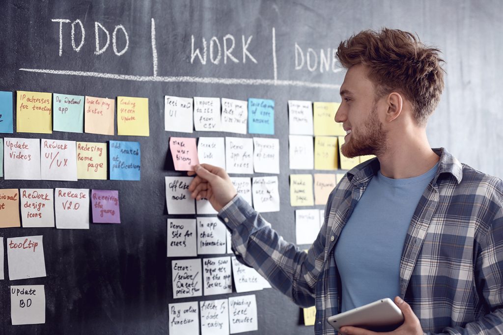 Ein Mann, der ein Tablet in der Hand hält, zeigt auf Haftnotizen an einer Tafel, die in die Spalten „TO DO“, „WORK“ und „DONE“ unterteilt sind, und plant oder verfolgt damit Aufgaben.