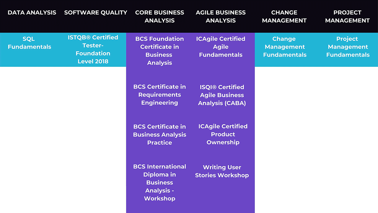 This image shows a visualisation of the learning pathways offered under Expleo Academy's T-shaped Business Analyst. It represents the variety of options available to meet your Agile Business Analyst training needs.