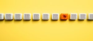Conceptual image of bug detection with selenium showing binary code blocks with one infected block symbolizing a software error