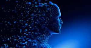 A digital, wireframe human face in profile dissolves into scattered blue data blocks, symbolising artificial intelligence and digital transformation against a dark blue background.