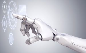 A robotic hand extends its index finger to interact with a transparent digital interface displaying circular and futuristic icons, set against a light gradient background.