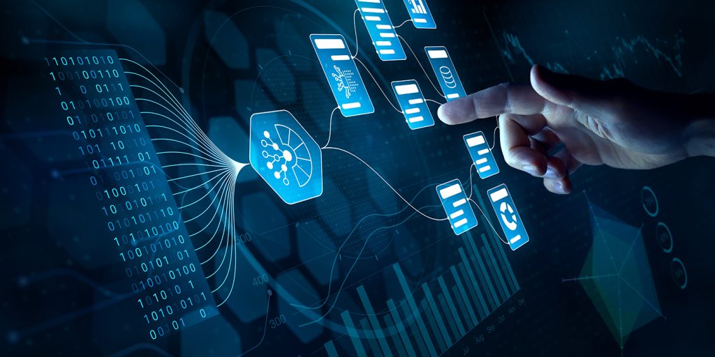 A hand interacts with a digital interface displaying data flow charts, binary code, network diagrams, and various icons, representing concepts of artificial intelligence, data analysis, and technology.