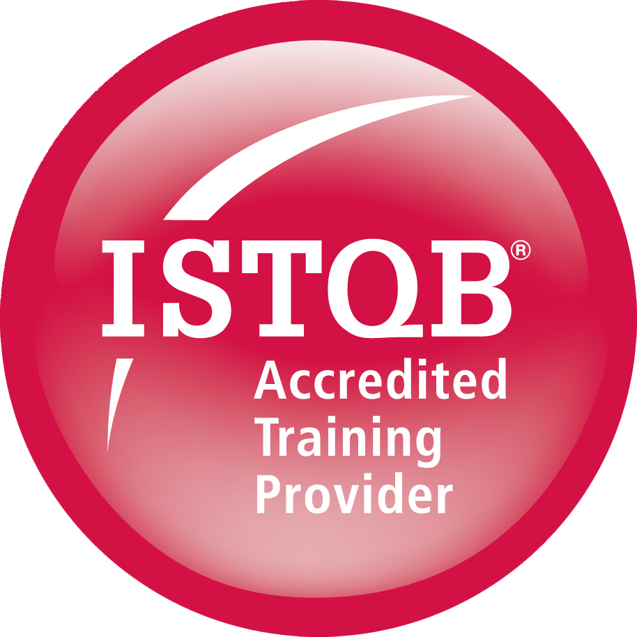 A round red badge with a white swoosh and the text "ISTQB Accredited Training Provider" in bold white letters, representing official certification for professional training courses in software testing.