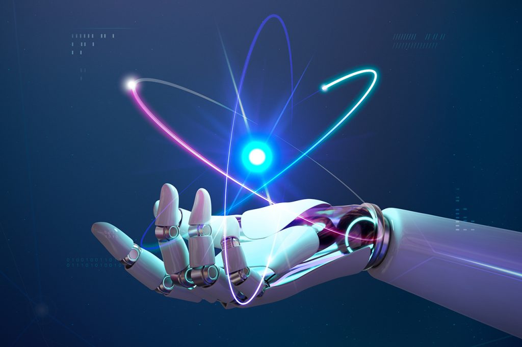 A robotic hand is extended upward, with glowing neon light trails forming atomic-like orbits above the palm against a dark blue background, symbolising advanced technology and artificial intelligence.