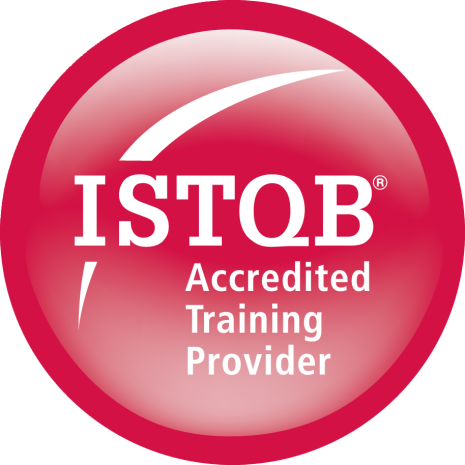 A round red badge with a white swoosh and the text "ISTQB Accredited Training Provider" in bold white letters, representing official certification for professional training courses in software testing.