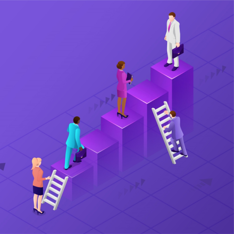 Professionals climbing ladders and ascending steps showing career progression